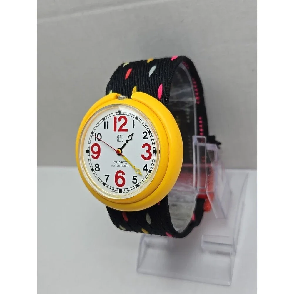 Vintage Retro Yess Yellow Watch New Battery Red Numbers Polka Dot Strap Funky